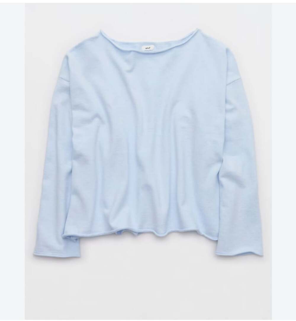 Aerie Shirt Womens S Blue Cropped Boat Neck Long Sleeve Tee Top